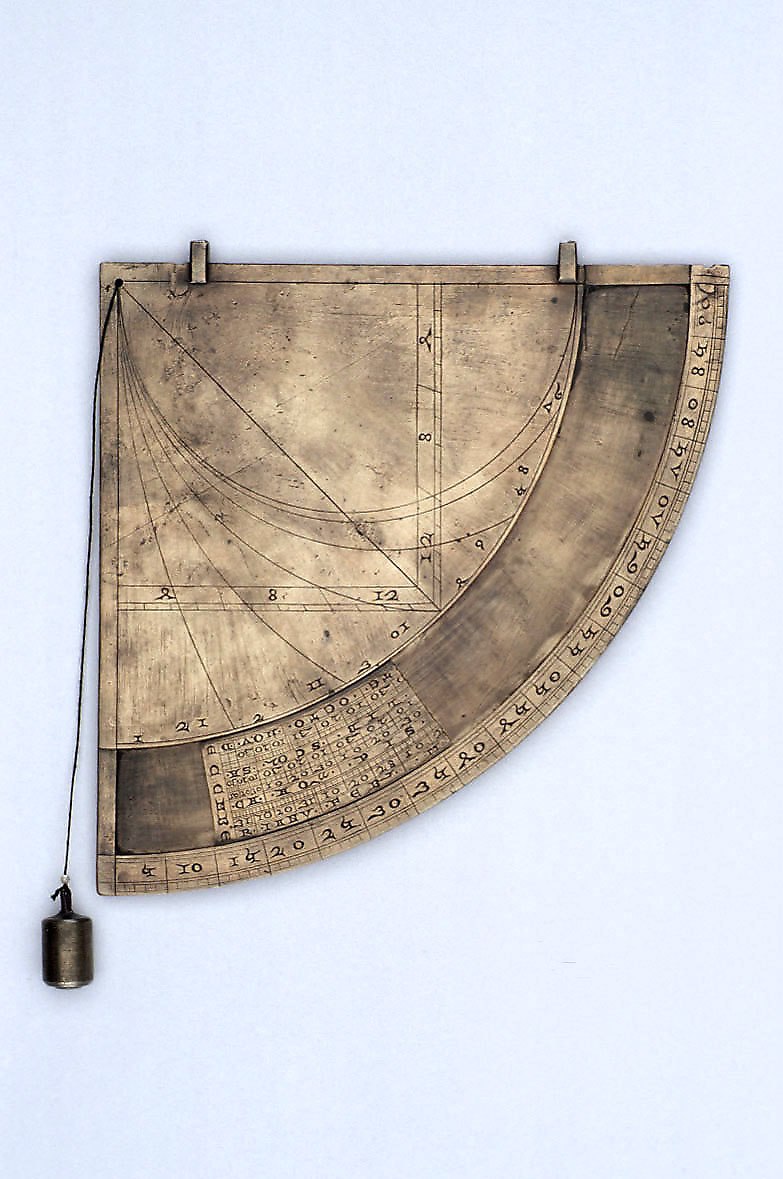 The obverse of the brass quadrant showing the shadow square, unequal hour lines, and the adjustable sliding plate.
