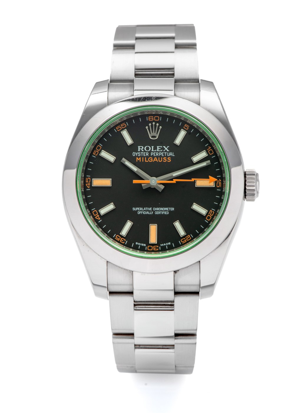Front view of the Rolex Milgauss Ref. 116400 GV, showing the black dial, orange lightning-bolt seconds hand, and green crystal periphery.