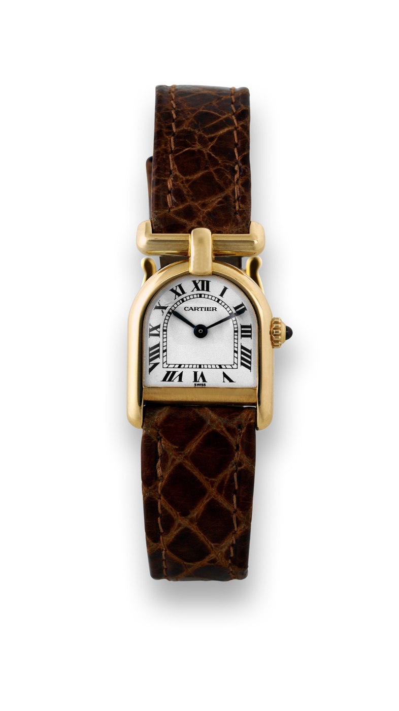 Front view of the Cartier Cloche wristwatch showing the bell-shaped yellow gold case and brown leather strap.