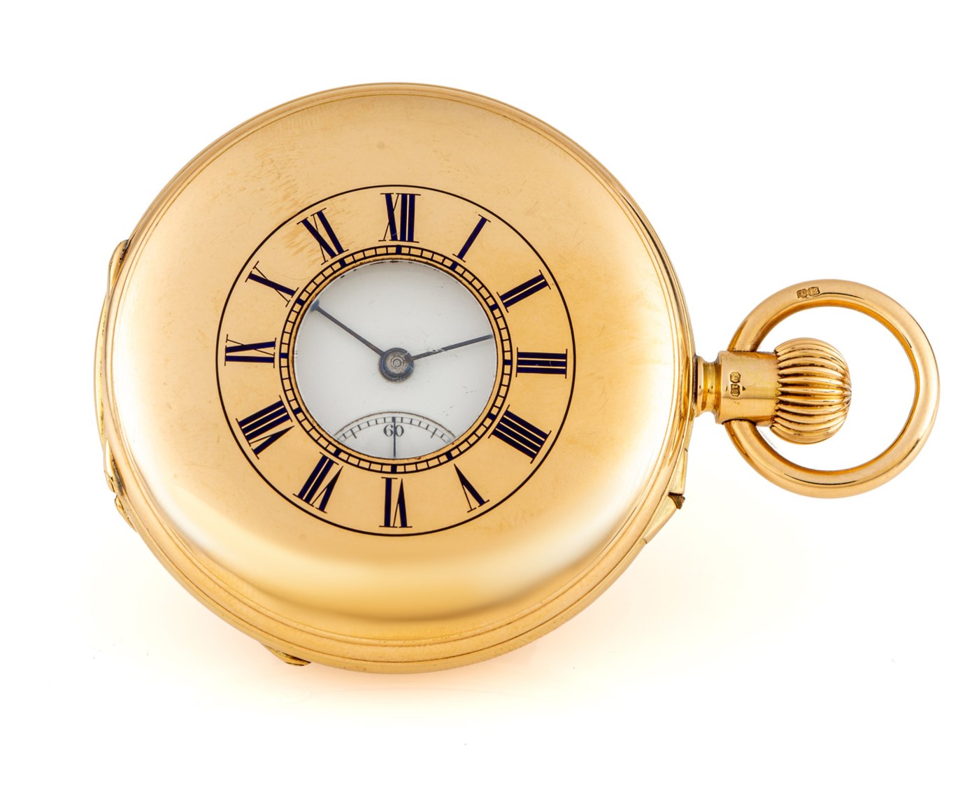 The obverse of the 18K gold half hunting case pocket watch.