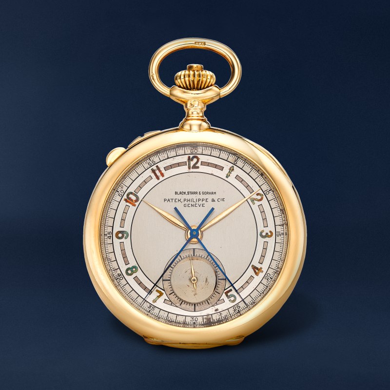 Dial and front view of the Patek Philippe yellow gold split-seconds pocket watch