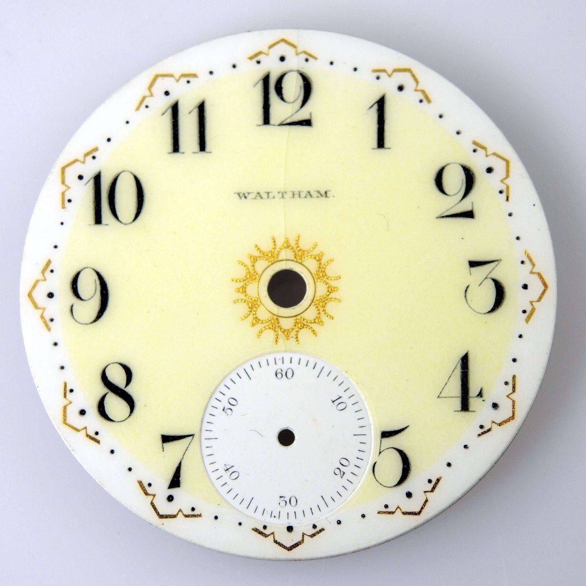 Front view of Waltham 18s fancy enamel pocket watch dial
