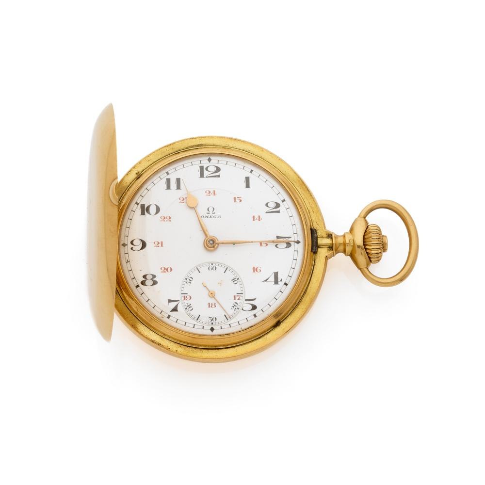 Omega 18k gold hunting case pocket watch with 12 and 24-hour dial layout.