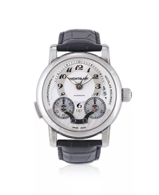 Front view of the Montblanc Nicolas Rieussec stainless steel wristwatch on a black crocodile strap.