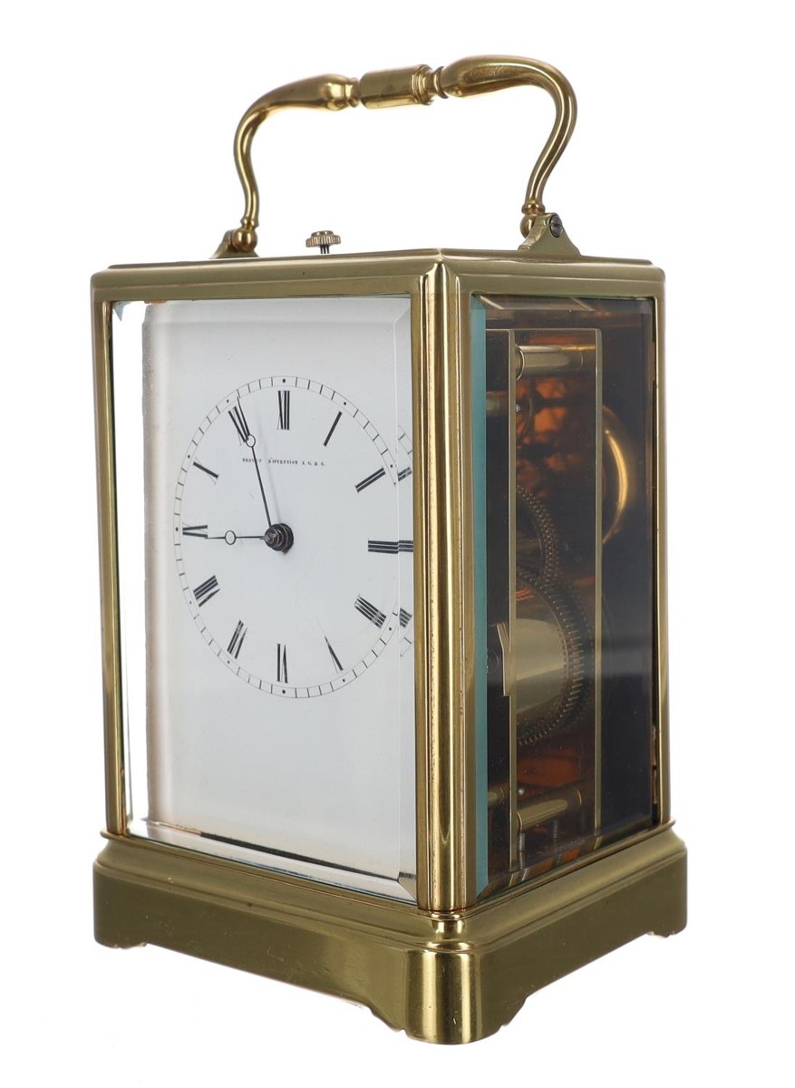Three-quarter view of the Japy Frères & Cie repeating carriage clock showing dial and case