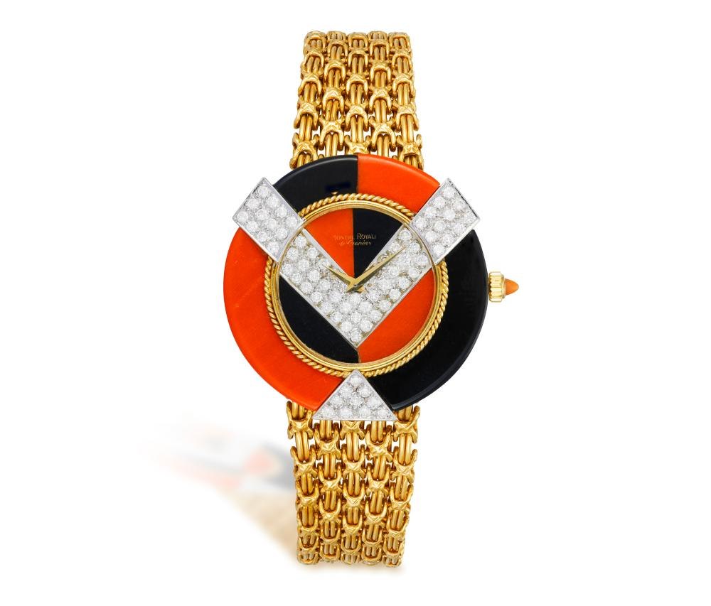 Full view of the La Montre Royale de Genève cocktail watch showing the coral and onyx dial with diamond inlay.