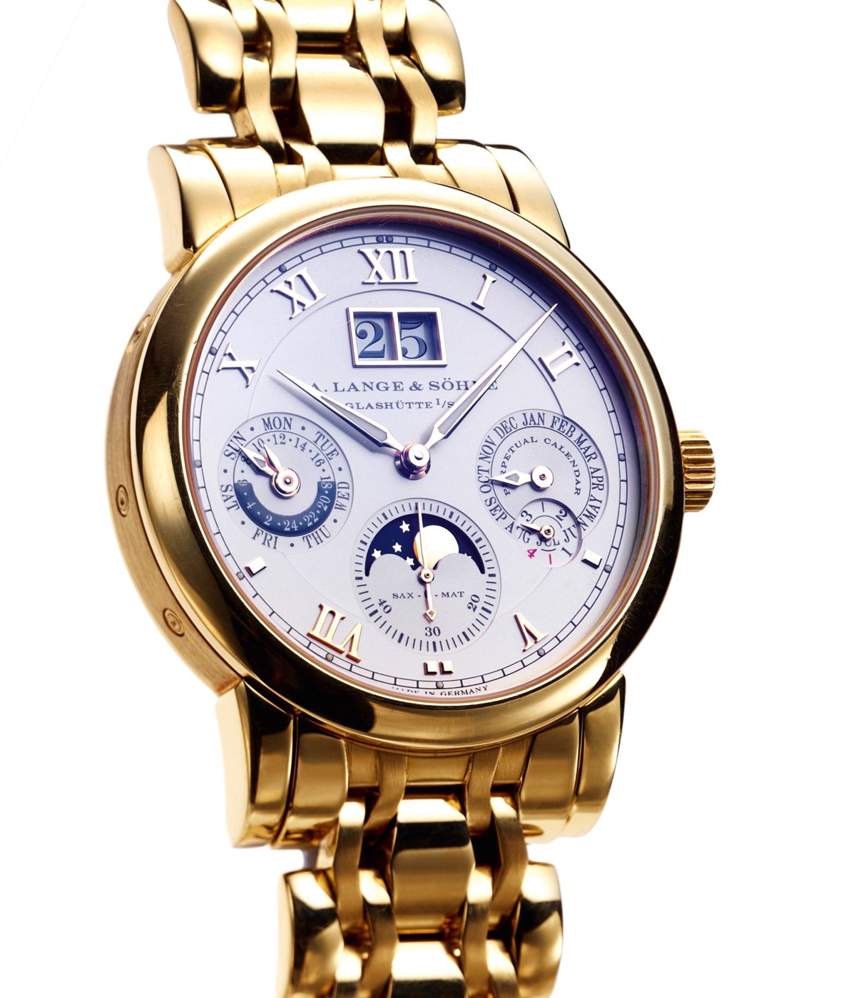 Front view showing the dial layout, Roman numeral indices, moon phase, and calendar sub-dials.