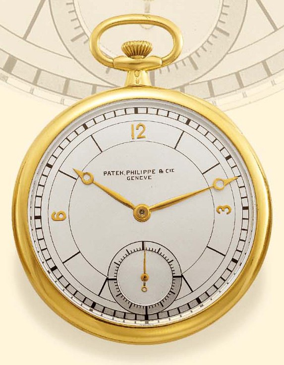 Front view of the 18K yellow gold Patek Philippe pocket watch, showing the two-tone silver dial, Breguet hands, and subsidiary seconds dial.