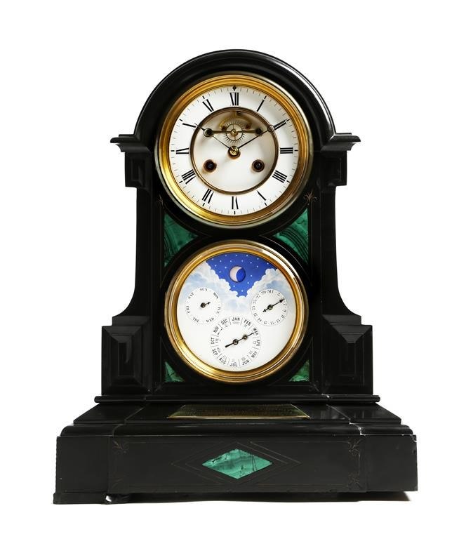 Front view of late 19th-century French black marble and malachite mantel clock with visible Brocot escapement and calendar dial