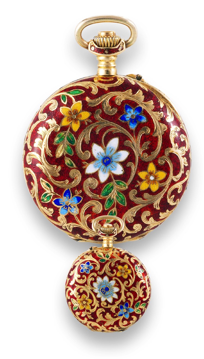Front view of the LeCoultre & Cie 18K gold, champlevé enamel hunting-cased pendant watch.