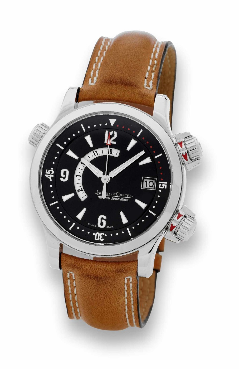 Front view of the Jaeger-LeCoultre Master Compressor Memovox 1000 Hours, showing the black dial, three-crown configuration, and brown leather strap.