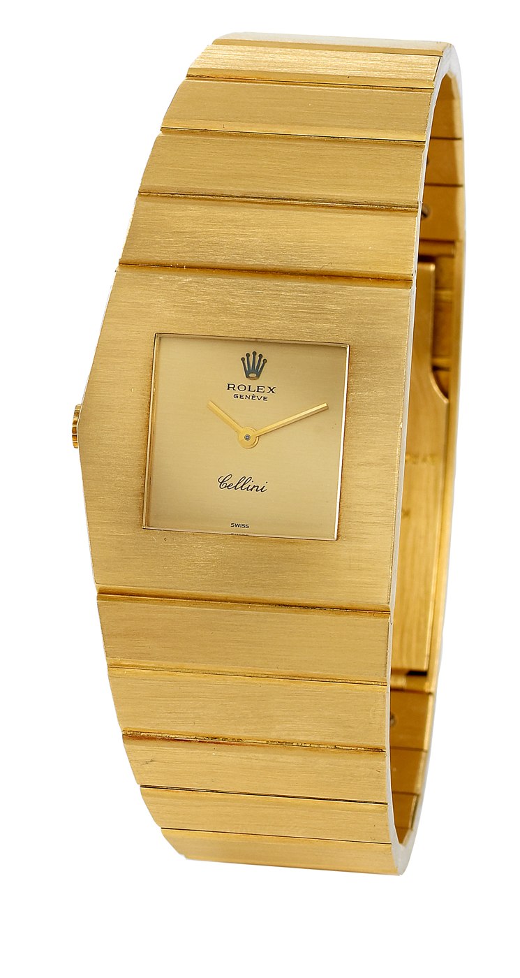 Front view of the Rolex 'King Midas' ref. 4315 showing the brushed champagne dial with 'Cellini' signature and integrated gold bracelet.