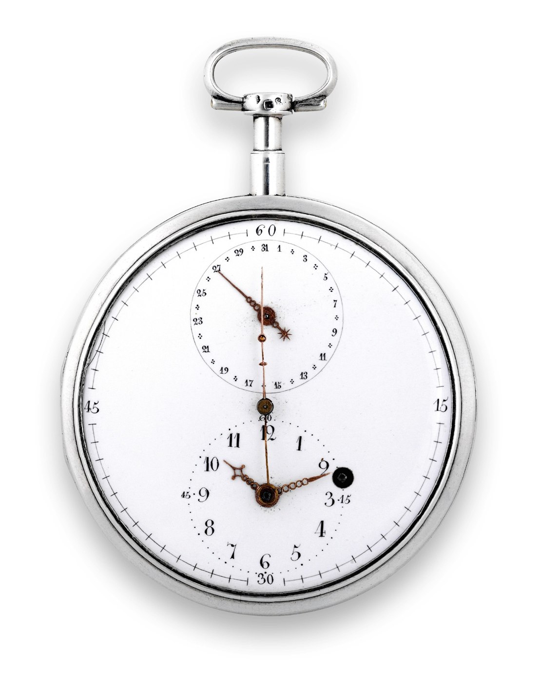 View of the white enamel regulator-style dial and silver case.