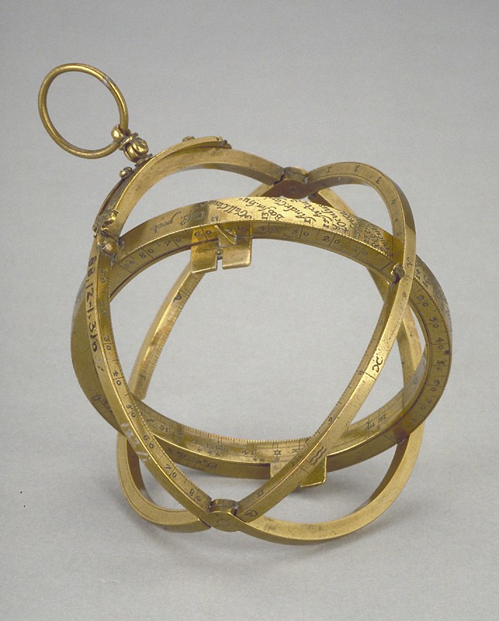 Astronomical Ring Dial in gilt brass with engraved scales and star identifiers.