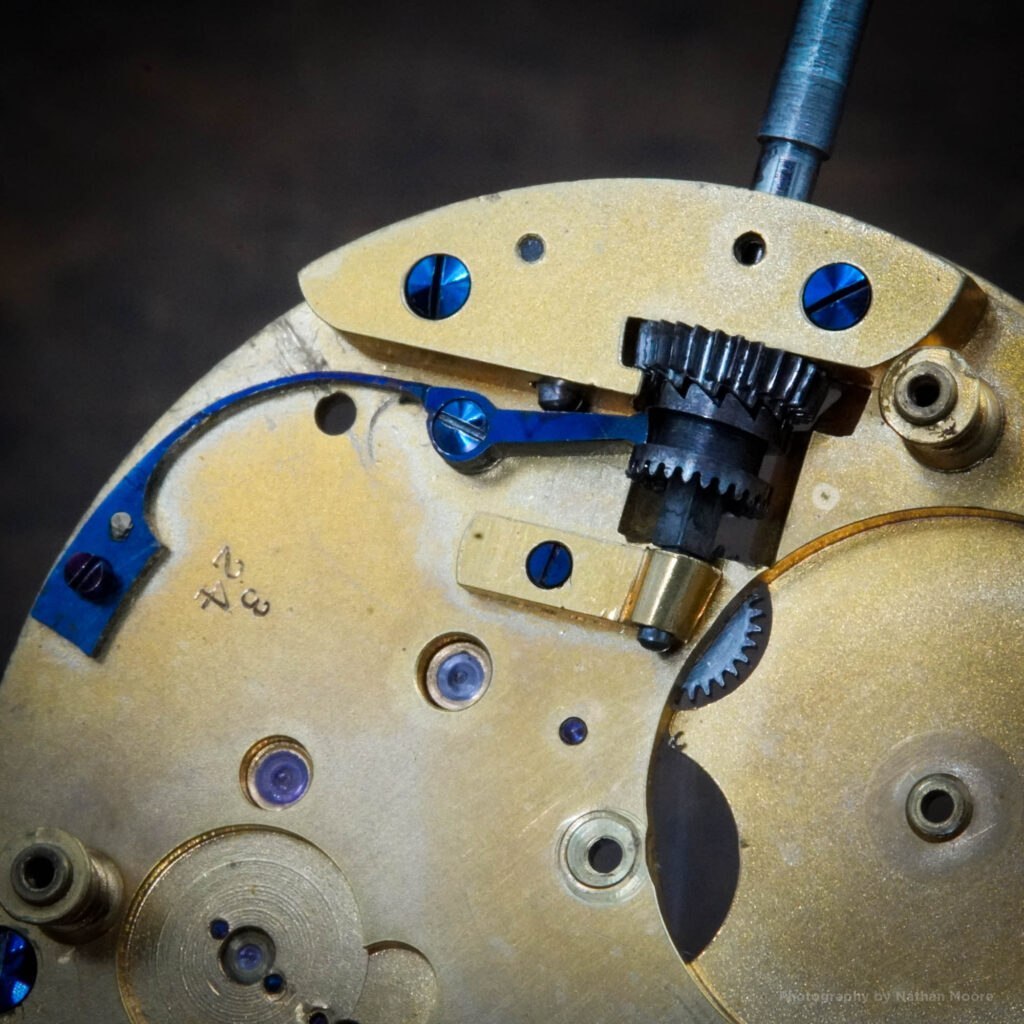 Plate view of New York Watch Company Springfield movement serial #324 showing the Rice and Gerry patented shifting sleeve mechanism.
