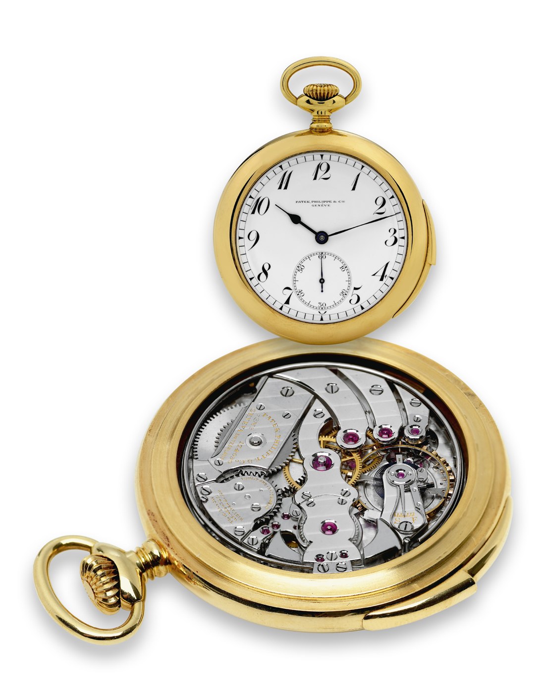 A 18K yellow gold Patek Philippe minute-repeating pocket watch, reference 876, shown with its movement exposed.