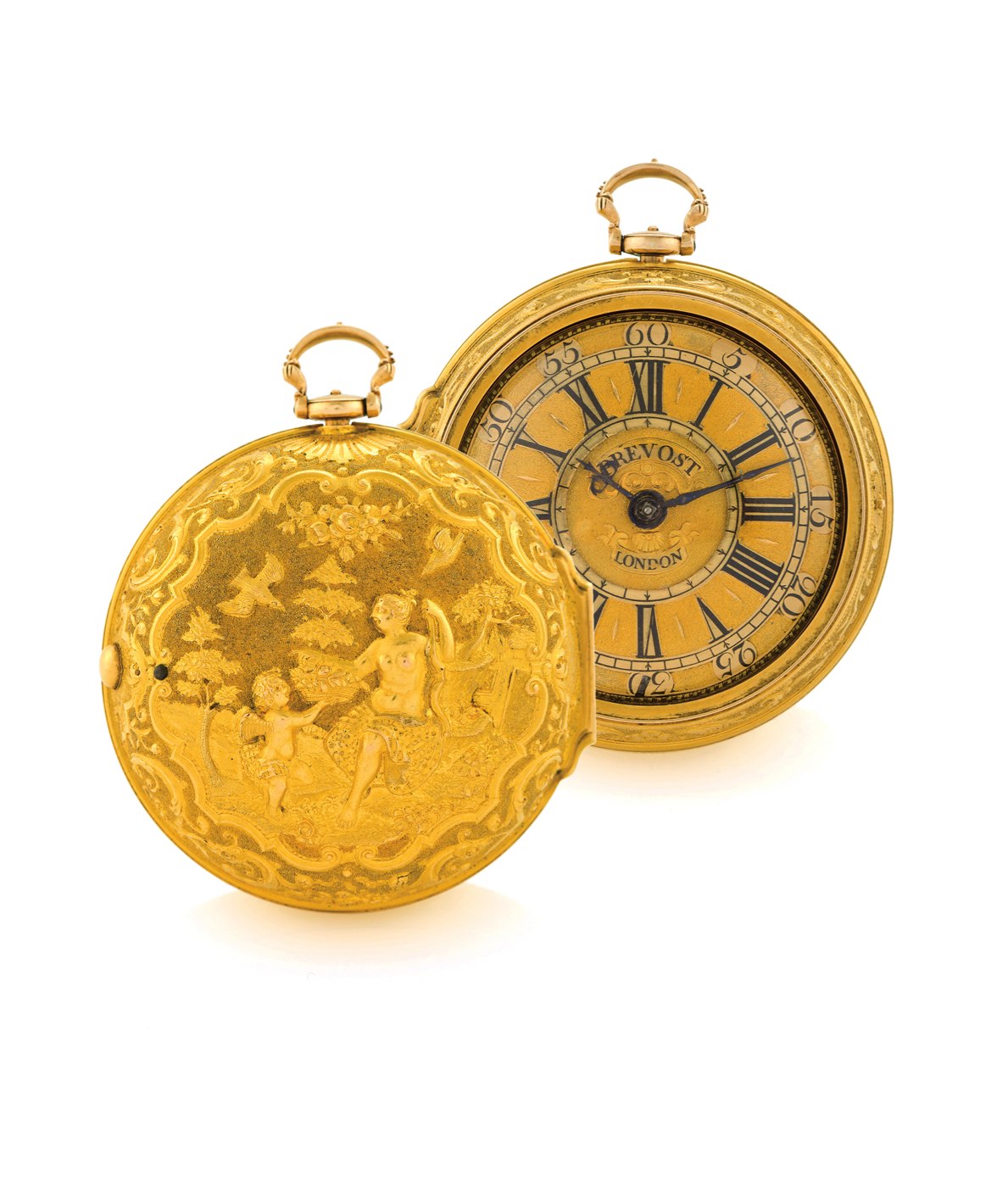 Gold repoussé pair-cased pocket watch by Nicholas Prevost, London, circa 1728-1729, showing the movement/dial and the repoussé outer case.