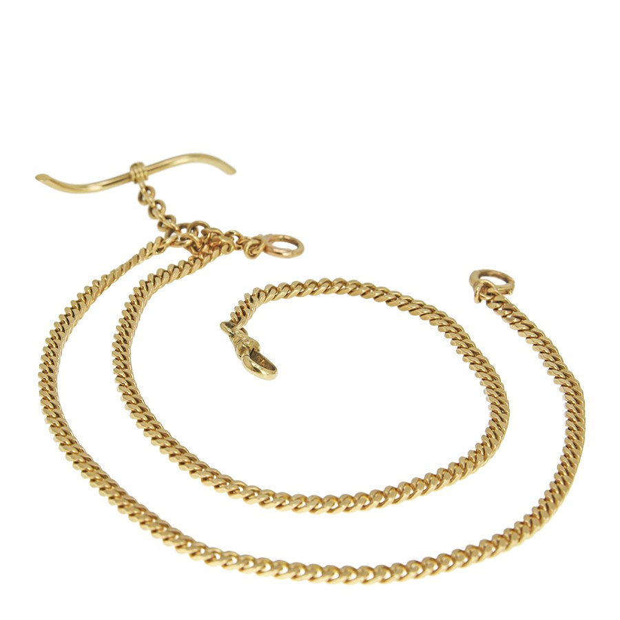 Full view of 14K yellow gold curb link double Albert watch chain with T-bar and clasp fittings