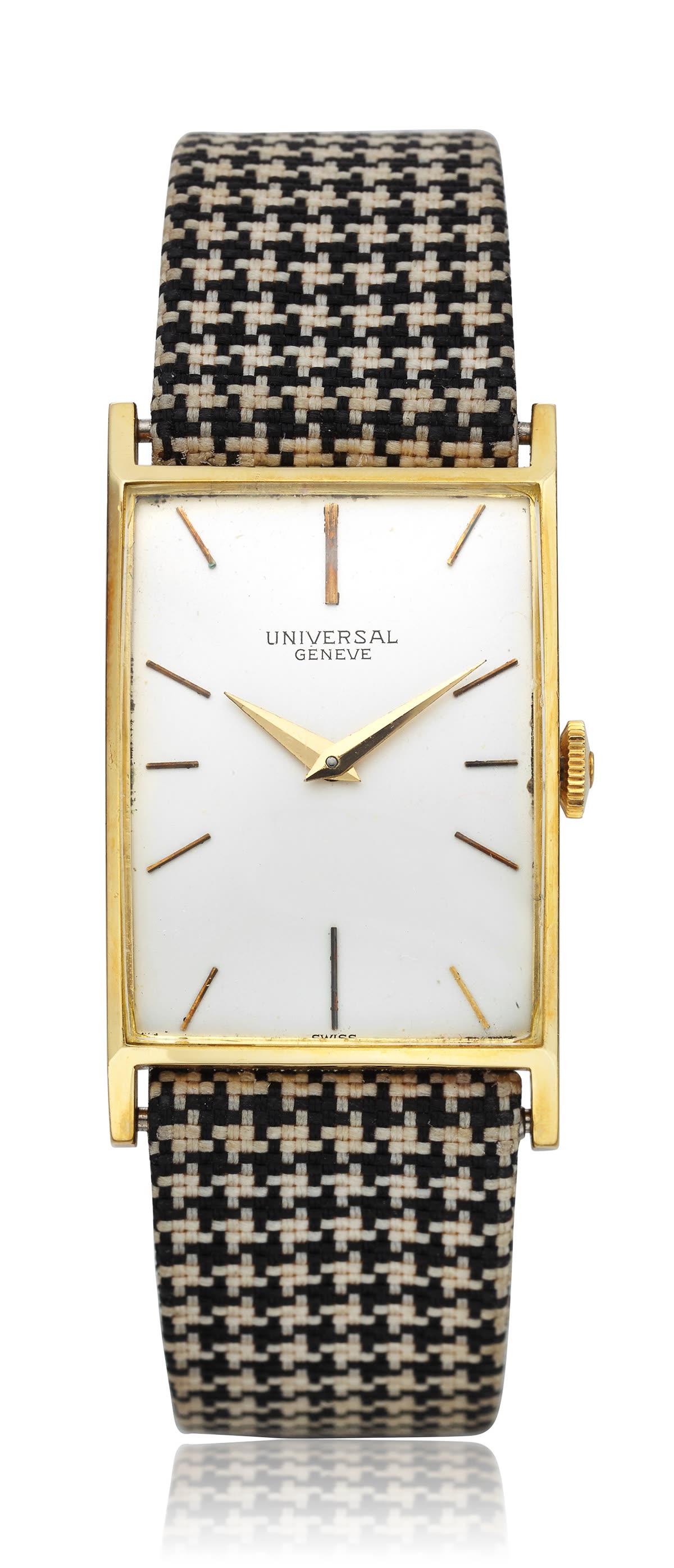 Universal Genève 18k gold rectangular wristwatch on patterned fabric strap