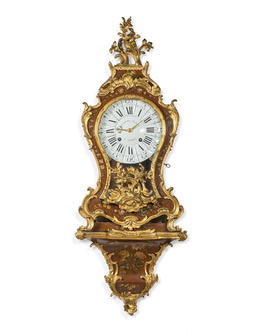 Wall bracket clock with matching console, featuring floral vernis martin decoration and gilded brass rocaille mounts.