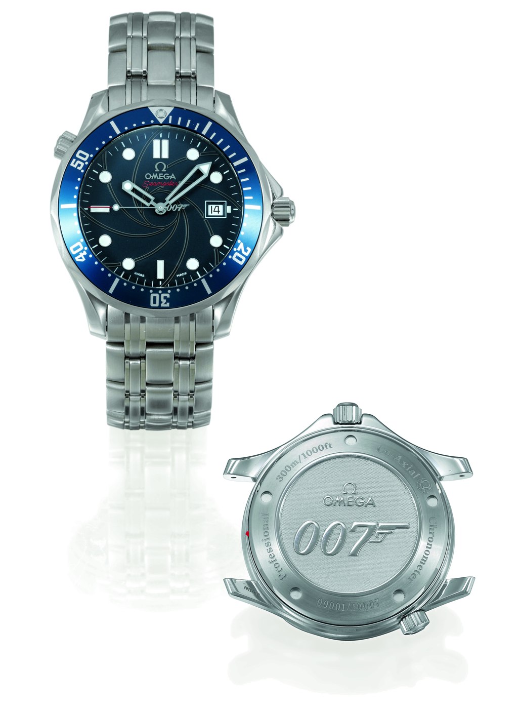 Front view of the Omega Seamaster Professional 300m '007' No. 1 and a detail of its case back.