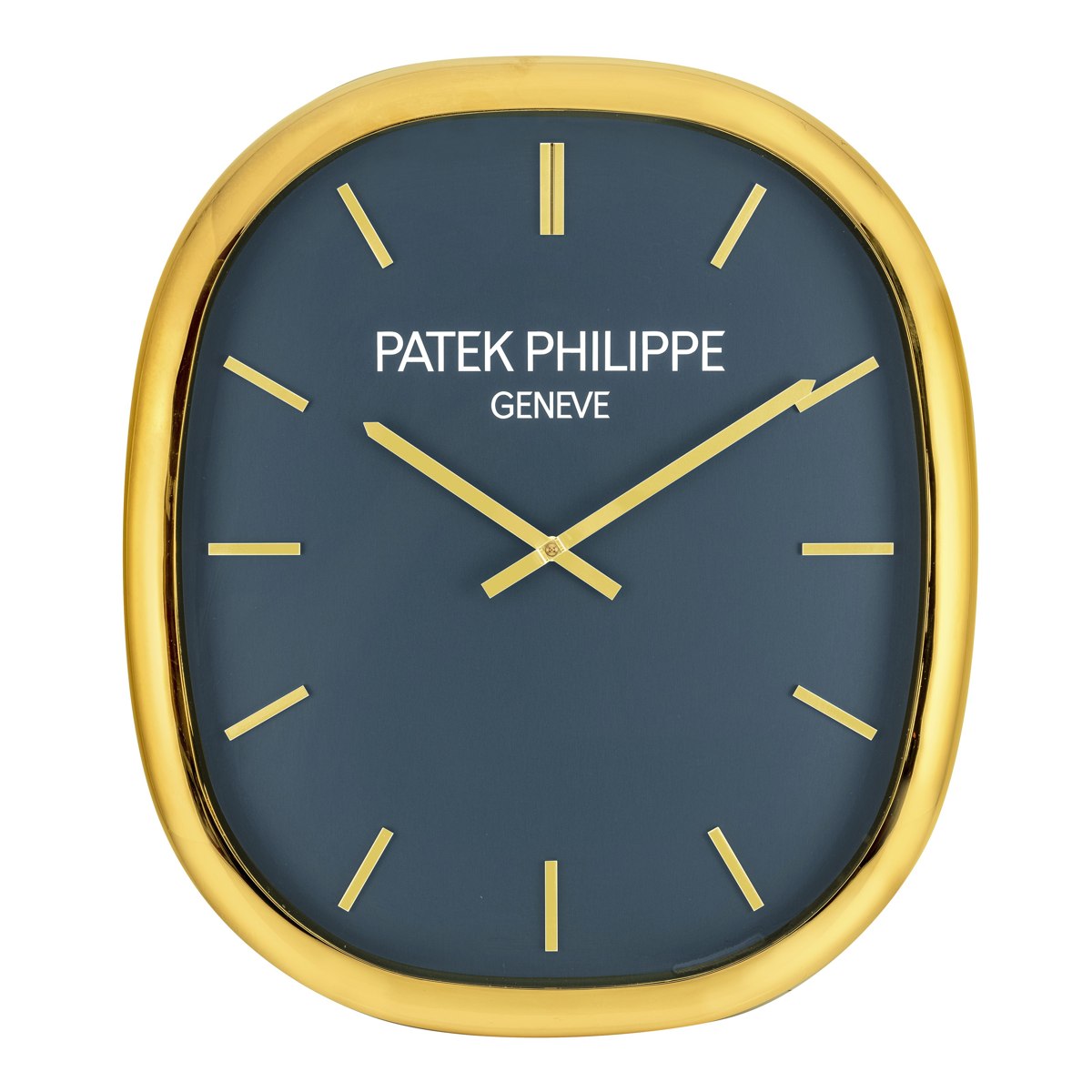 Front view of the Patek Philippe by Inducta Ellipse wall clock showing the blue dial and gold-tone case
