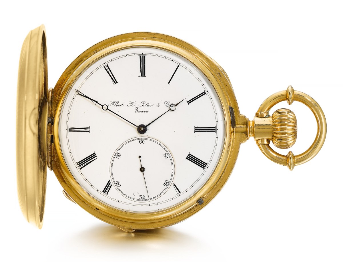 Dial view of the open Albert H. Potter & Co. gold hunting-cased keyless pocket chronometer no. 85
