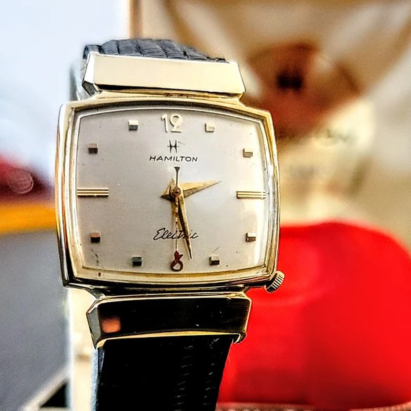 Front view of the Hamilton Electric Everest II wristwatch showing rectangular case and hooded lugs
