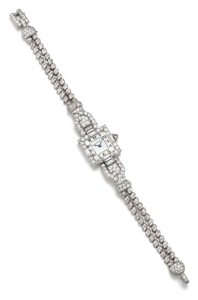 Cartier Art Deco diamond and platinum wristwatch showing dial and bracelet