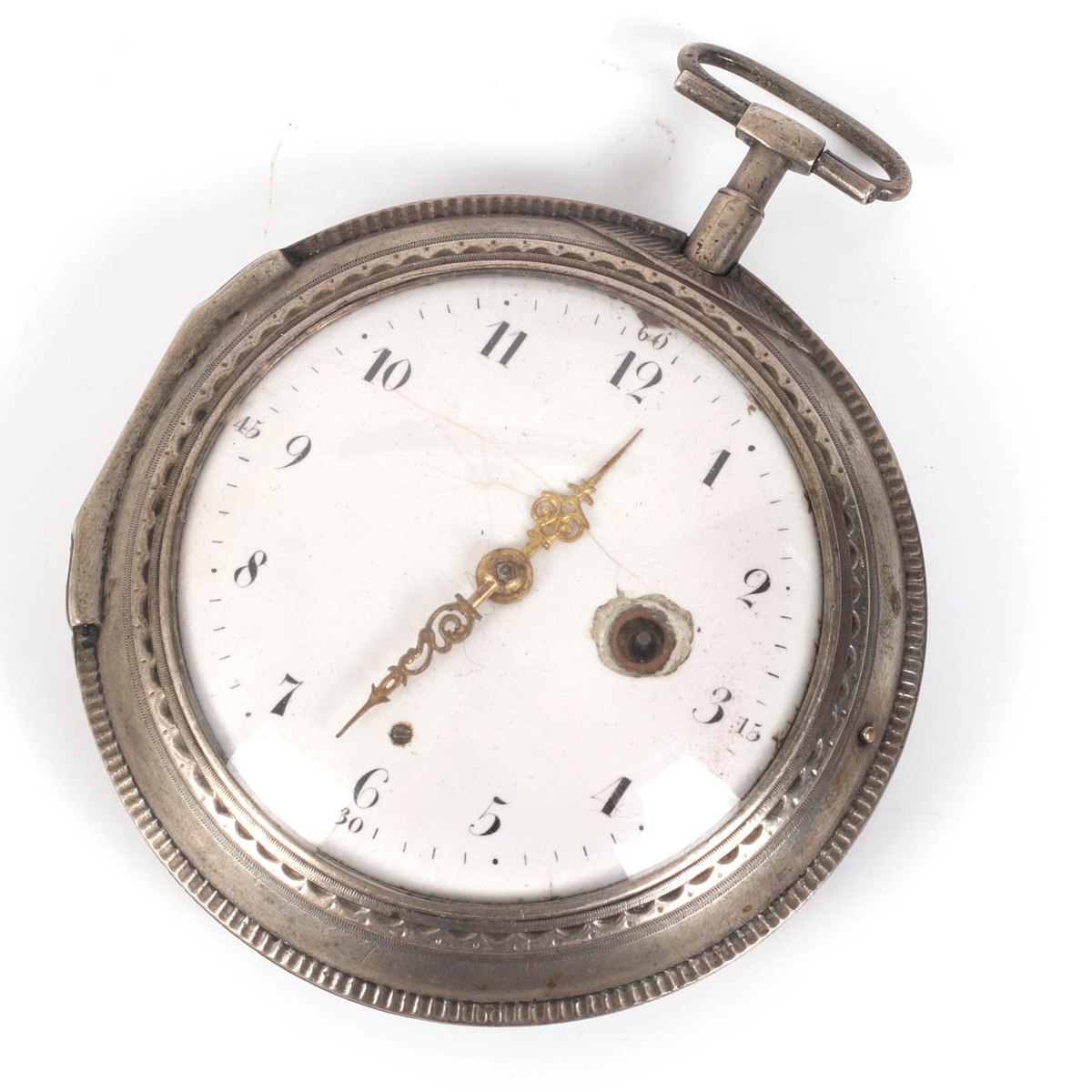 Dial view of the John Ward pocket watch showing Arabic numerals and winding aperture