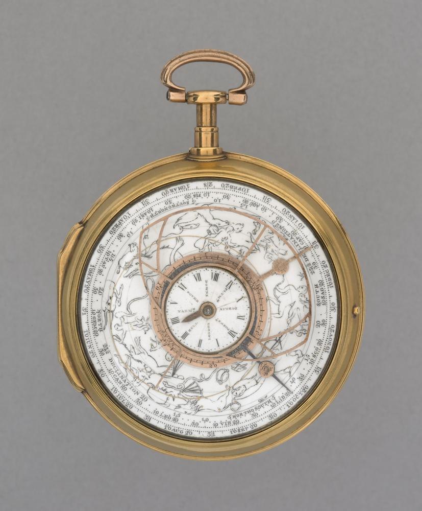 Dial view of the gold consular-cased astronomical watch showing the constellation dial and tidal indications