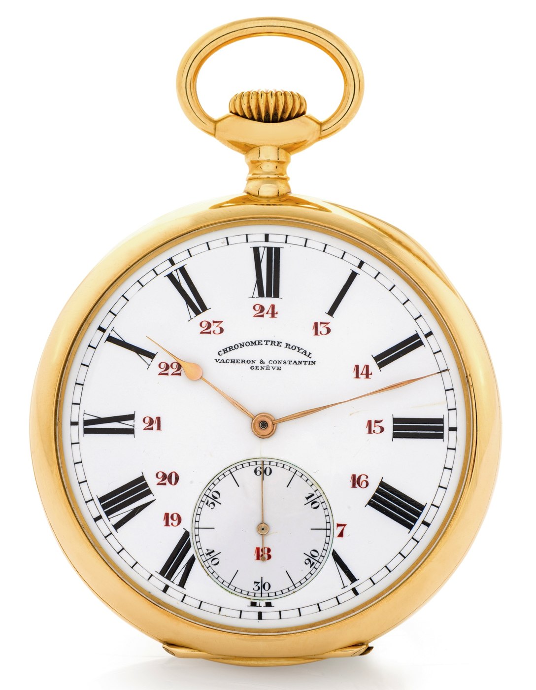 Front view of the 18K yellow gold Chronomètre Royal pocket watch showing the 24-hour enamel dial.