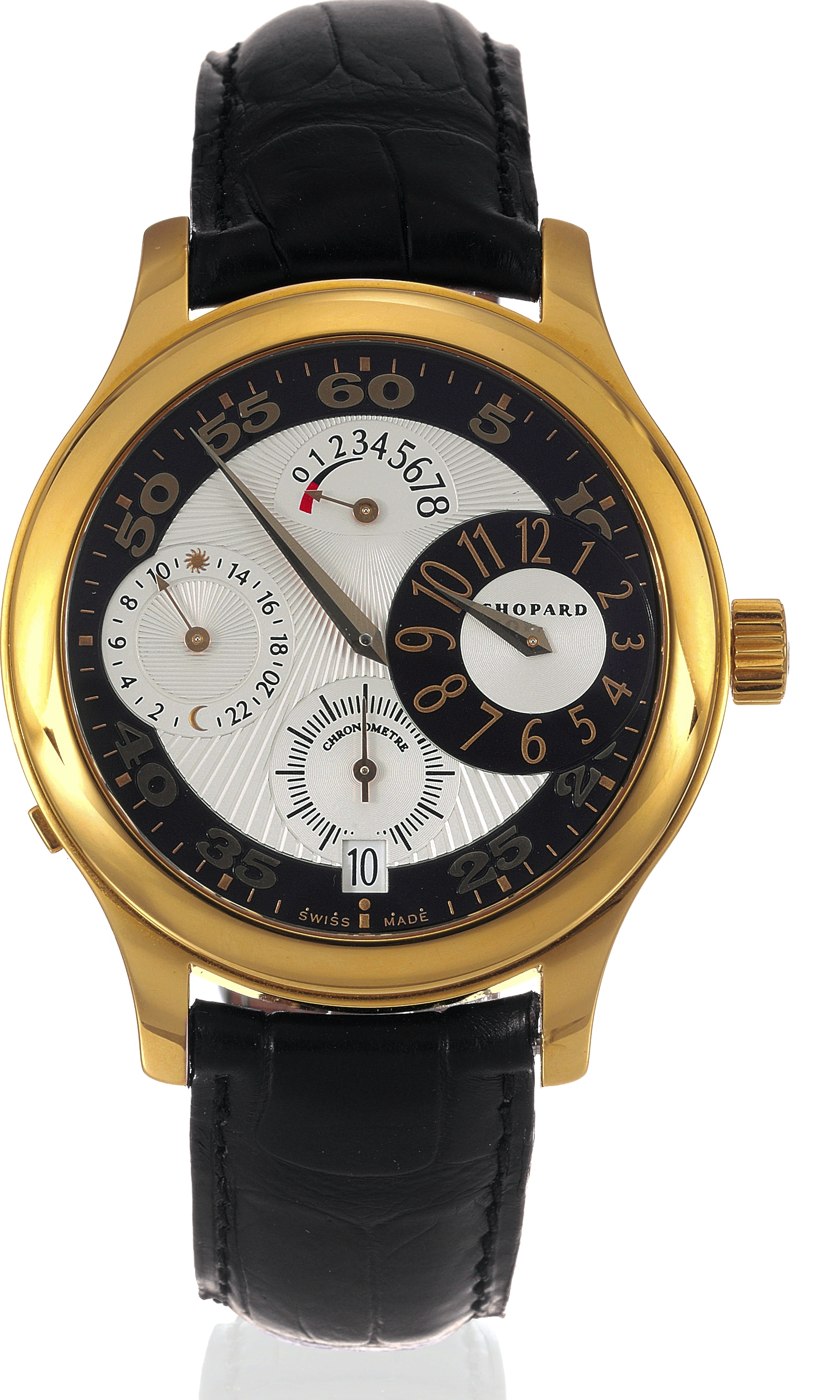 Front view of the 18K yellow gold Chopard L.U.C. Chronomètre, showing the regulator dial, power reserve indicator, and second-time-zone sub-dial.