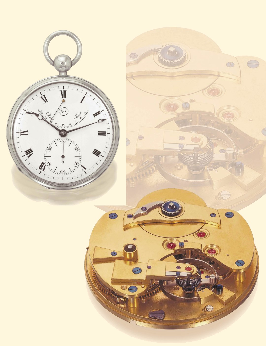 Front view of the pocket watch dial alongside the movement details.