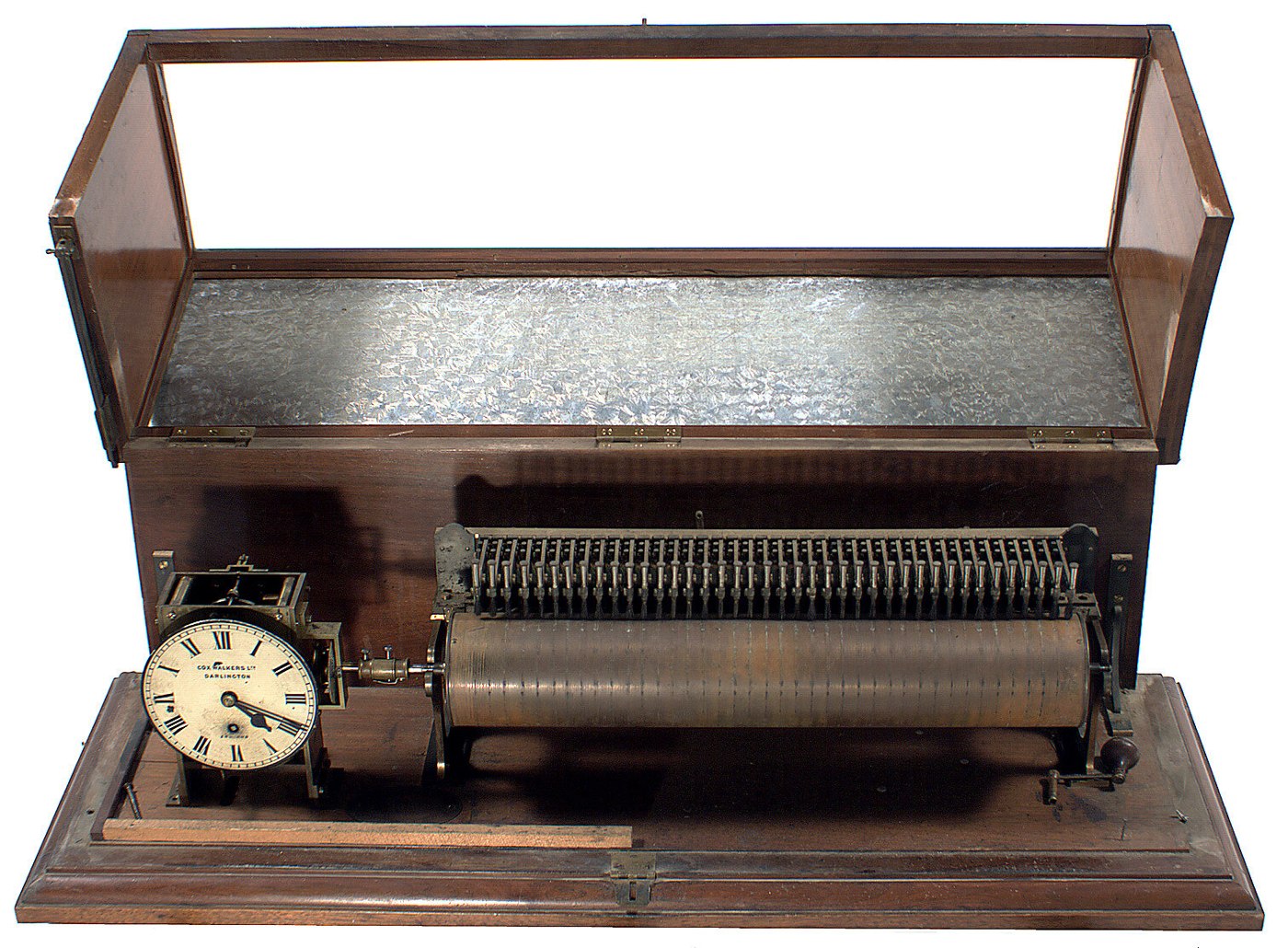 Full view of the time clock, showing the clock face, recording cylinder with brush assembly, and wooden protective case with glass panel.