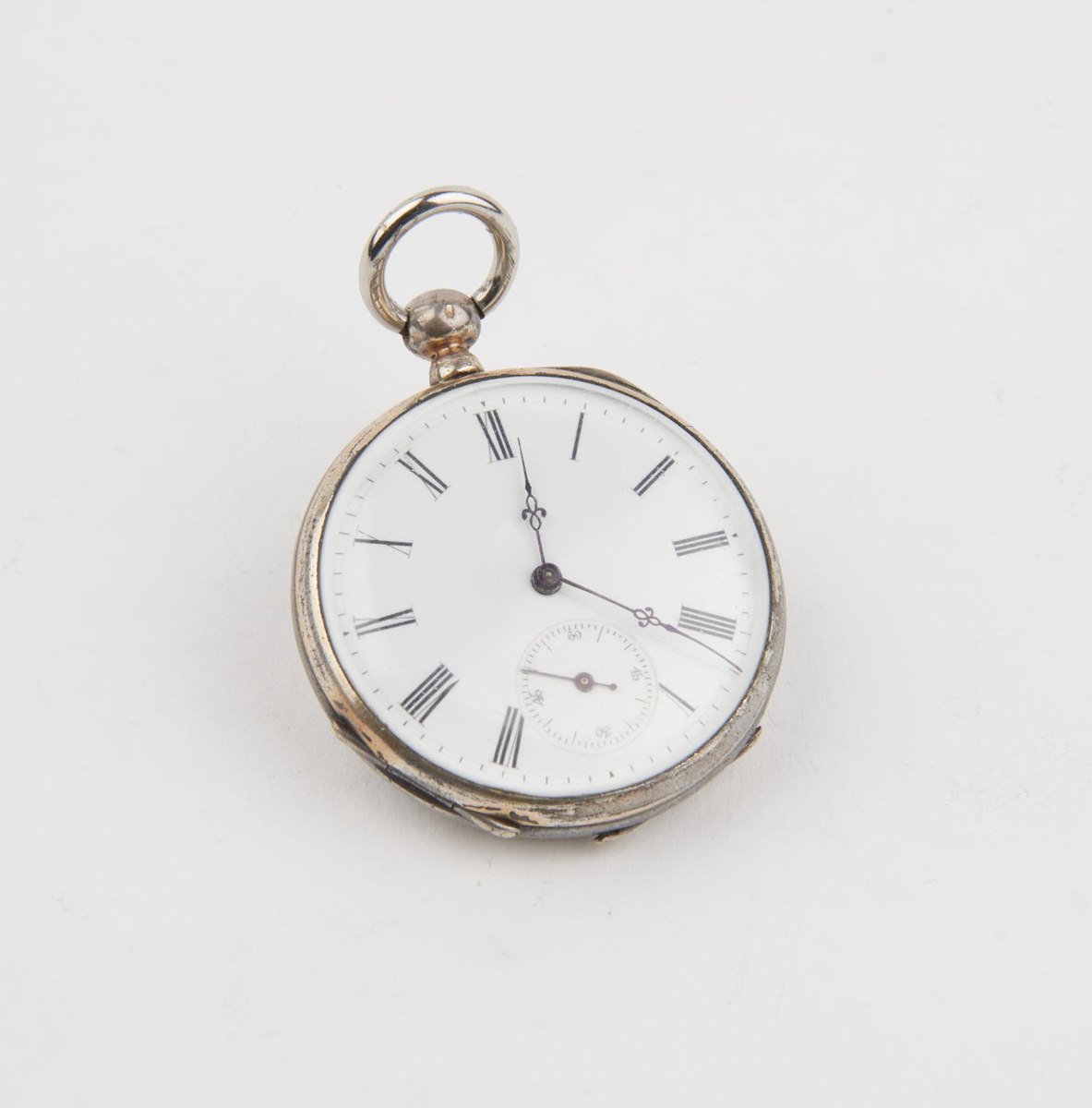 Dial view of Swiss cylinder escapement pocket watch showing subsidiary seconds subdial