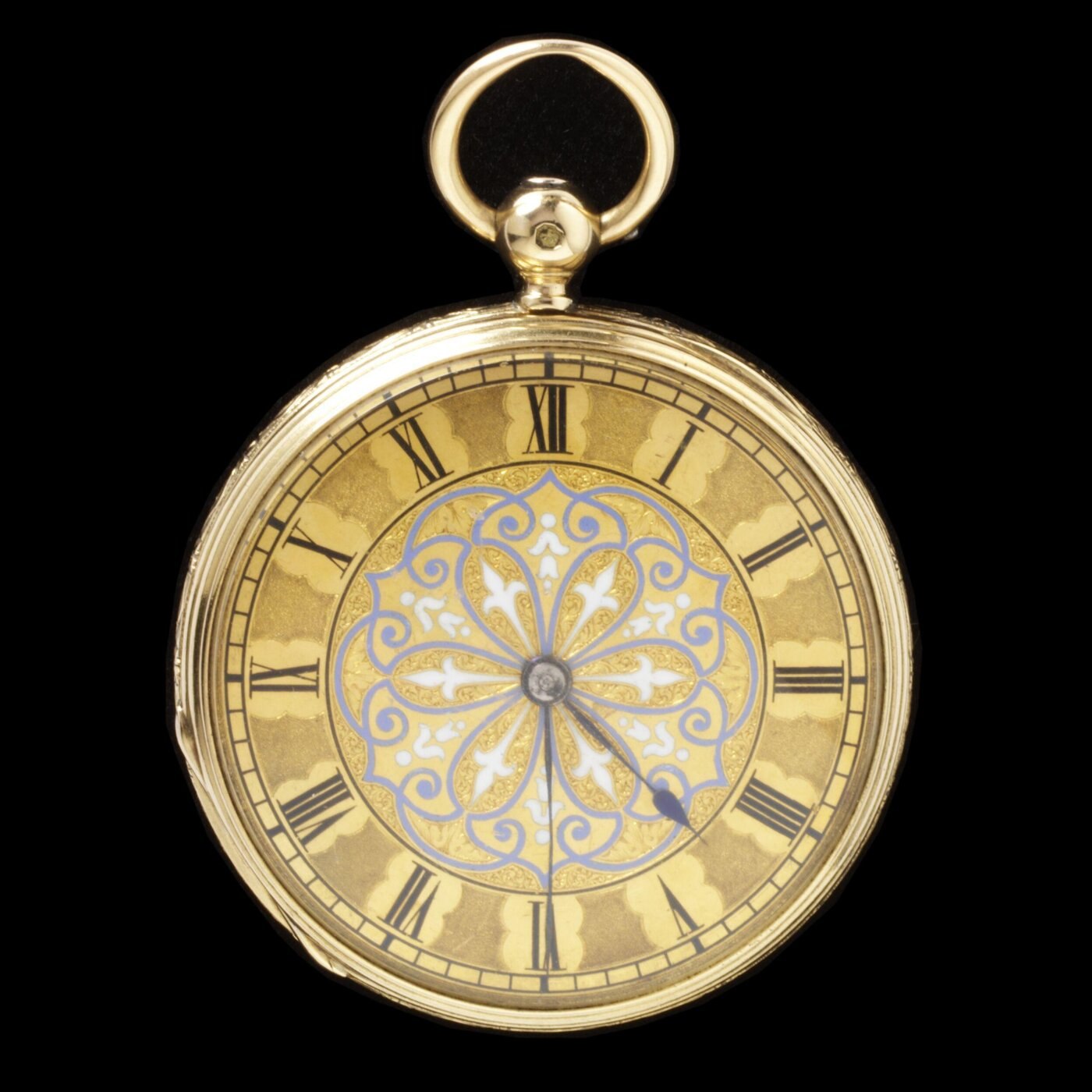 Front view of the gold pocket watch showing the enamelled scrollwork dial and Roman numeral indices.