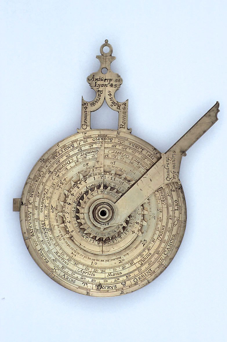 A brass nocturnal and altitude sundial by Michiel Coignet, 1598, showing the volvelle plates, zodiacal calendar, and index arm.