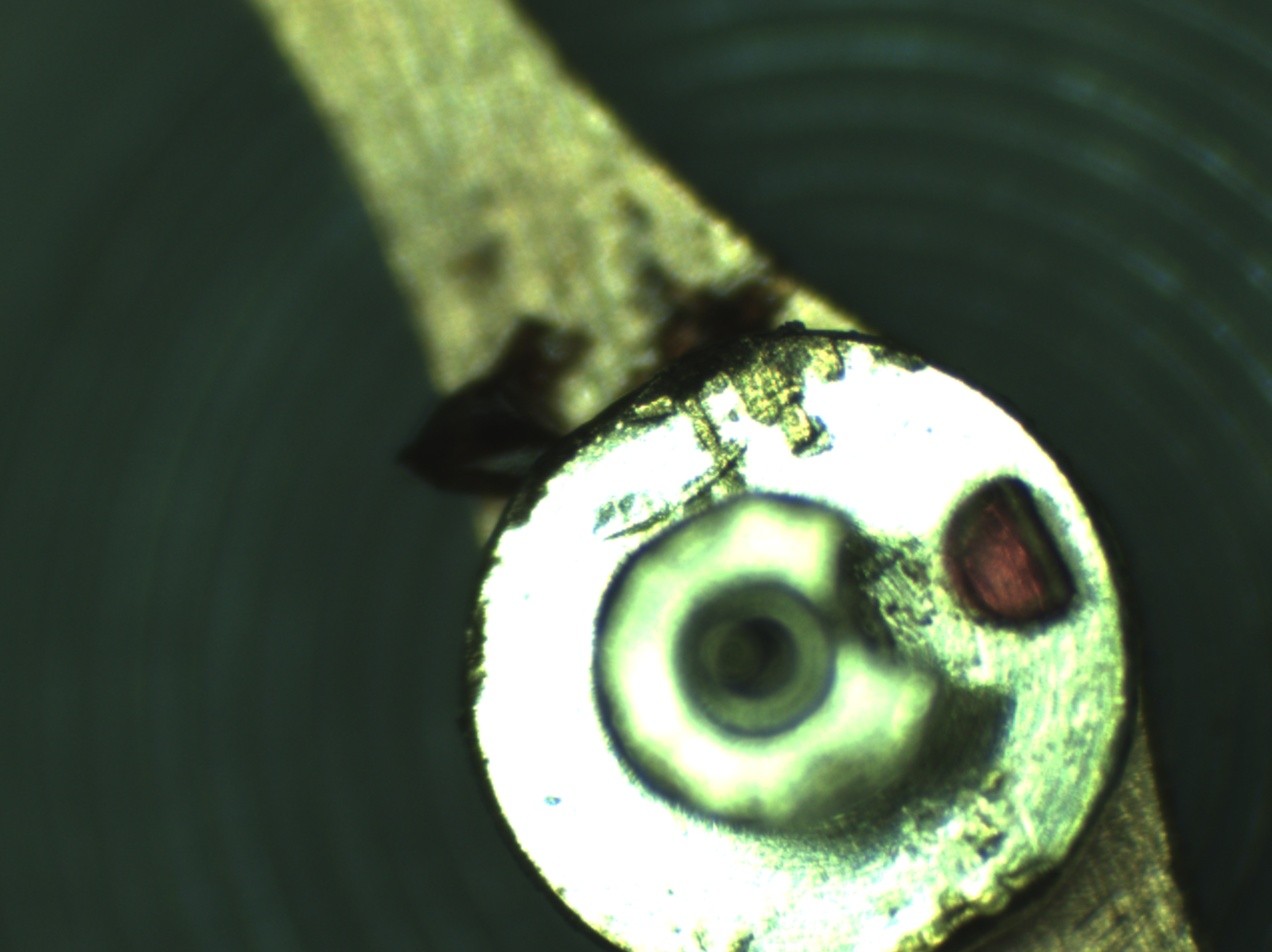 Roller on the balance staff in a Rolex 1210 workshop record — impulse jewel visible; source describes scratching and deformation, not an undamaged reference specimen