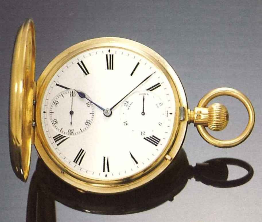 Front view of the Victor Kullberg 18-karat gold hunting cased keyless watch with open front cover