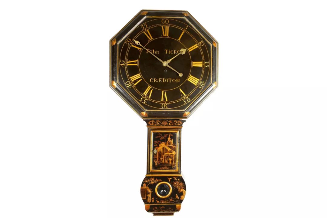 Full front view of the John Tickell octagonal chinoiserie tavern clock