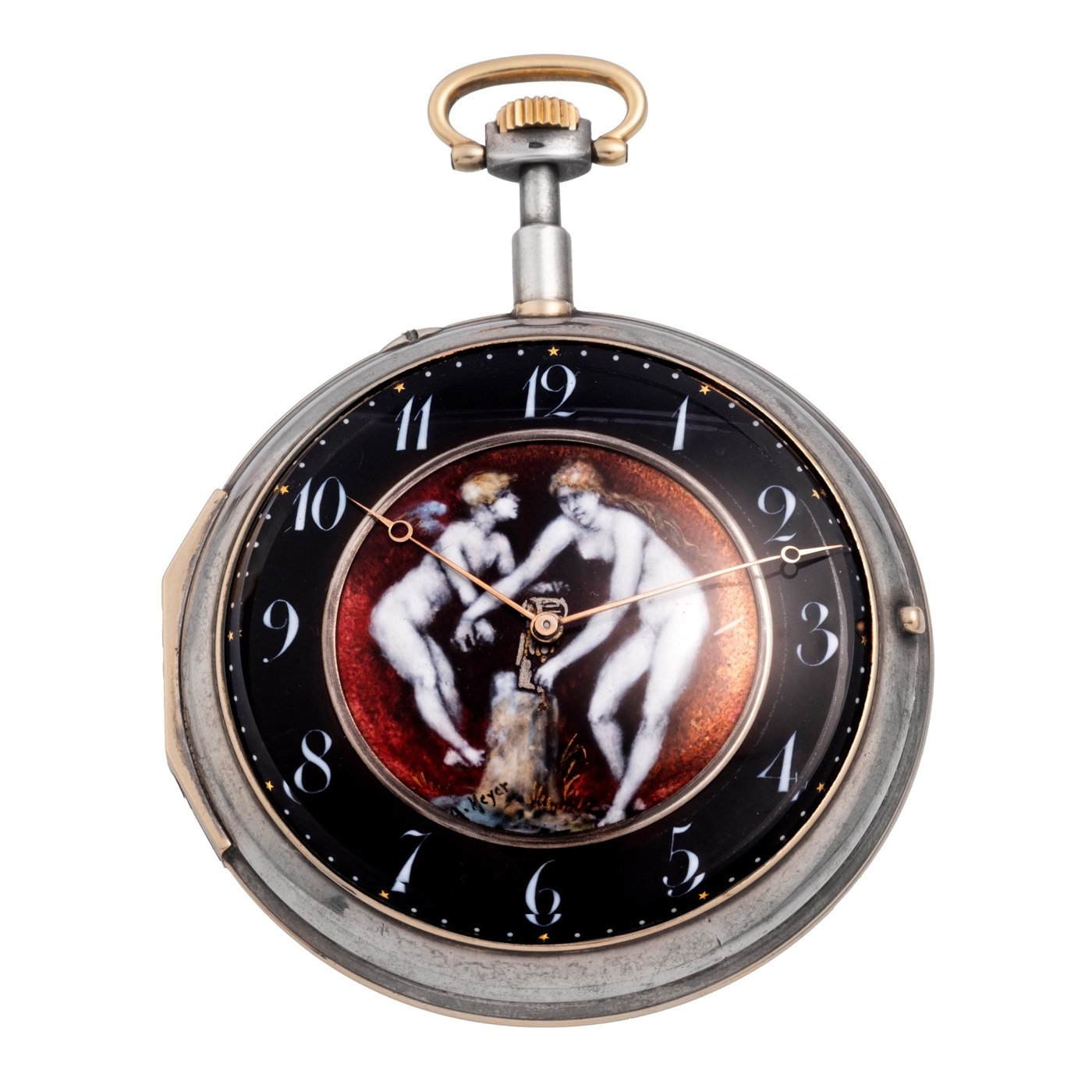 Front view of the Paul Ditisheim pocket watch with Art Nouveau enamel dial depicting two figures.