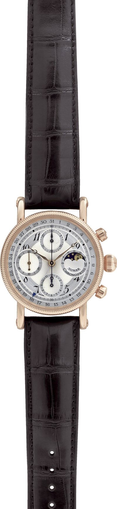 Chronoswiss Lunar Chronograph, Ref. CH 7521R, featuring an 18K pink gold case, guilloché silver dial, and moon phase display.