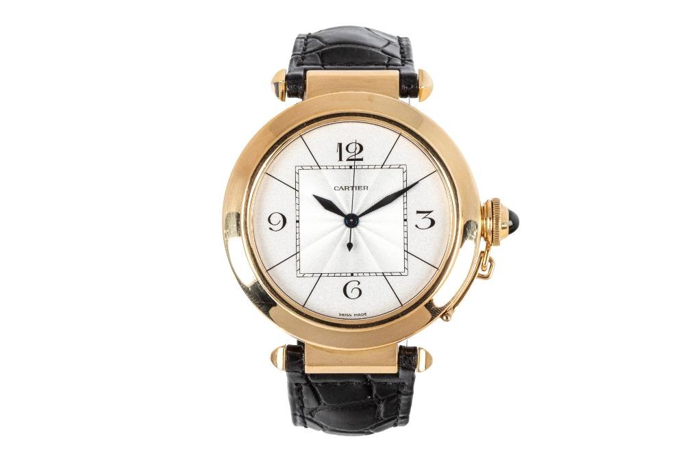 Front view of the 18K rose gold Cartier Pasha 42mm wristwatch with silver dial and black alligator strap