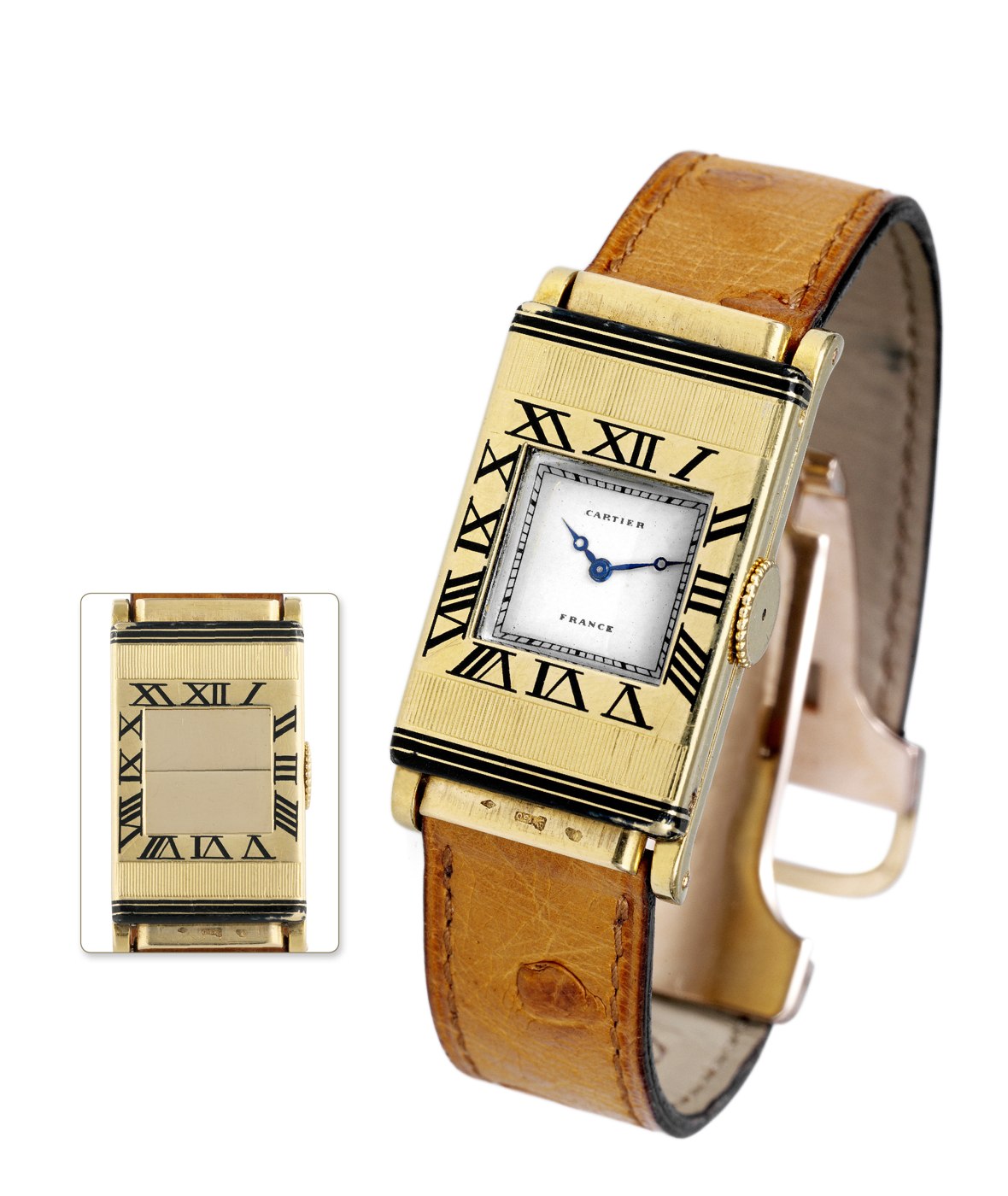The Cartier Bébé Guillotine watch shown with its shutters closed (inset) and open, revealing the dial.