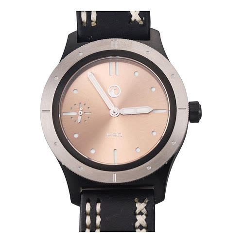 Front view of the H2O Hydra Makume wristwatch showing dial, bezel, crown, and contrast-stitched strap