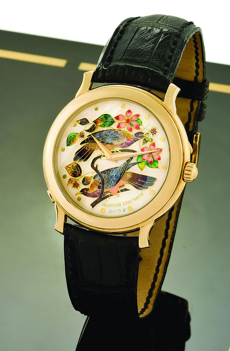 Front view of the Vacheron Constantin reference 43060 watch featuring a cloisonné enamel dial depicting two birds on a flowering branch.