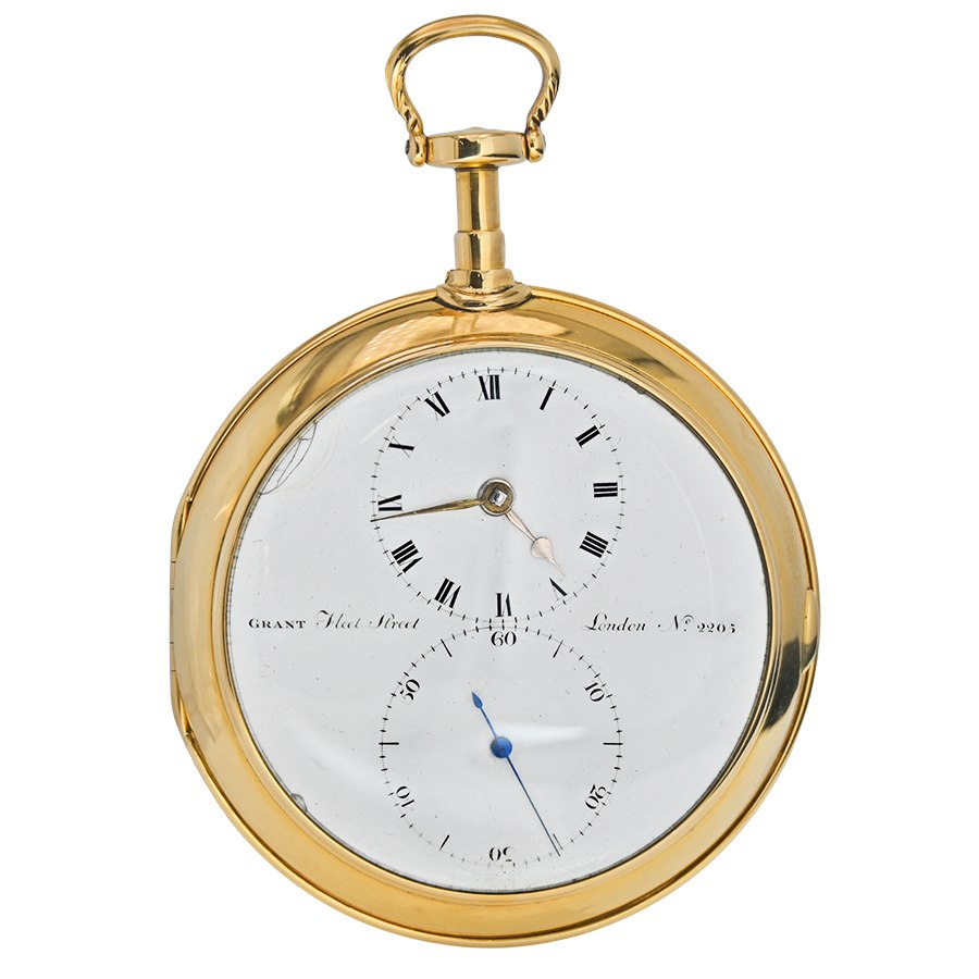 Dial and front view of Grant Fleet Street pocket chronometer No. 2205 in an 18K yellow gold case