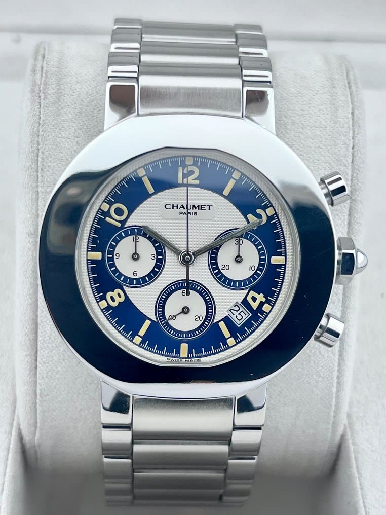 Chaumet automatic chronograph watch with blue and silver dial on metal bracelet
