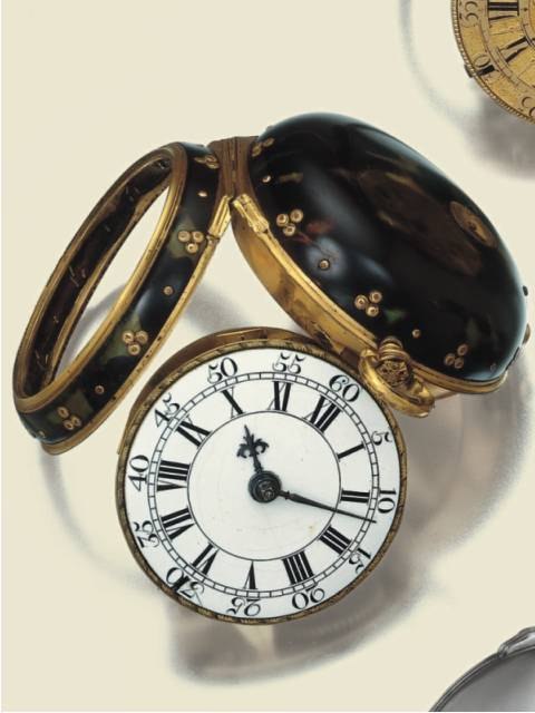 The Samson Wroth watch showing the dial, the case back with stud decoration, and the open bezel.